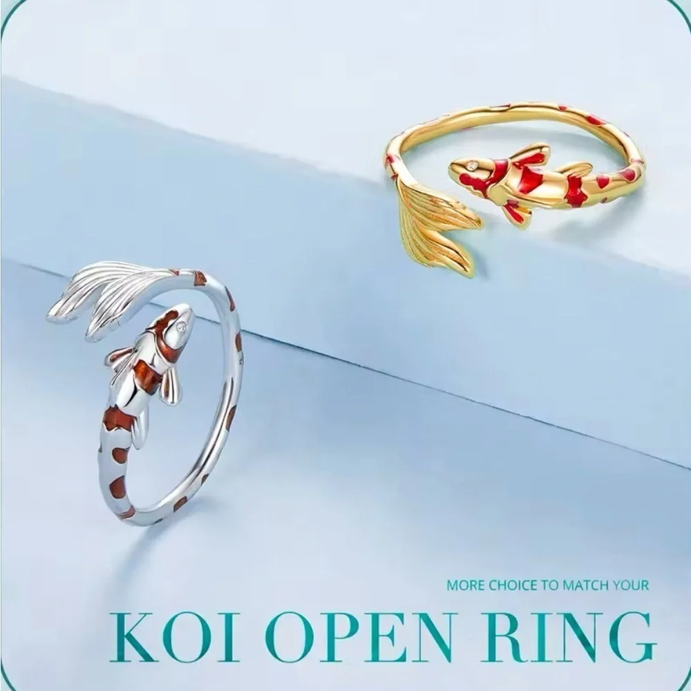 18K Gold Bohemian Lucky Koi Fish Enameled Detailing Ring Open Ring Adjustable